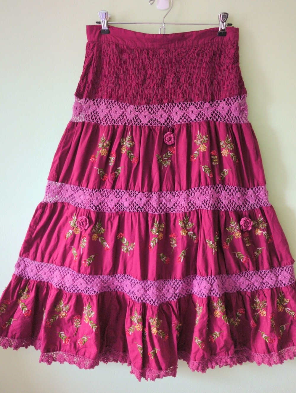 Vintage Y2K Boho Magenta Tiered Midi Peasant Skirt Small Crochet Cotton Long